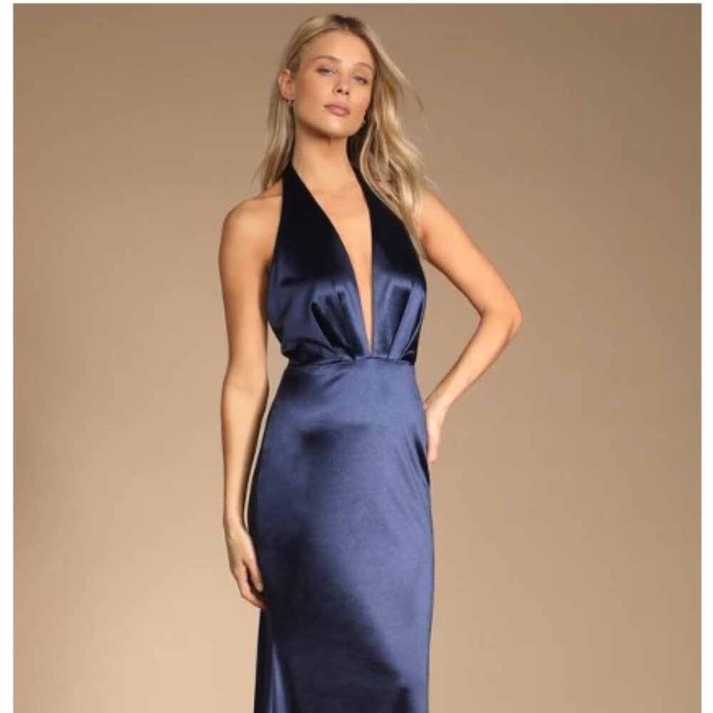 LULUS Beguiling Beauty Navy Blue Satin Halter Mermaid Maxi Dress